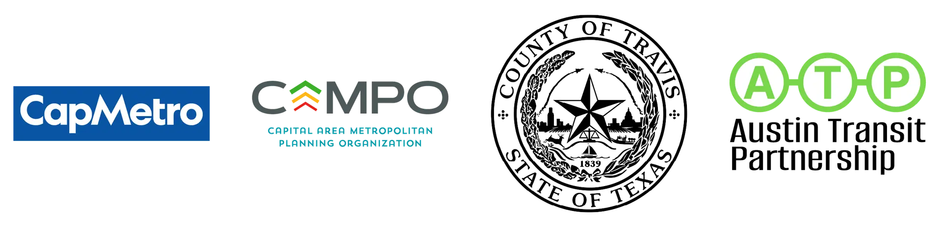 CapMetro, CAMPO, Travis County and ATP logos.